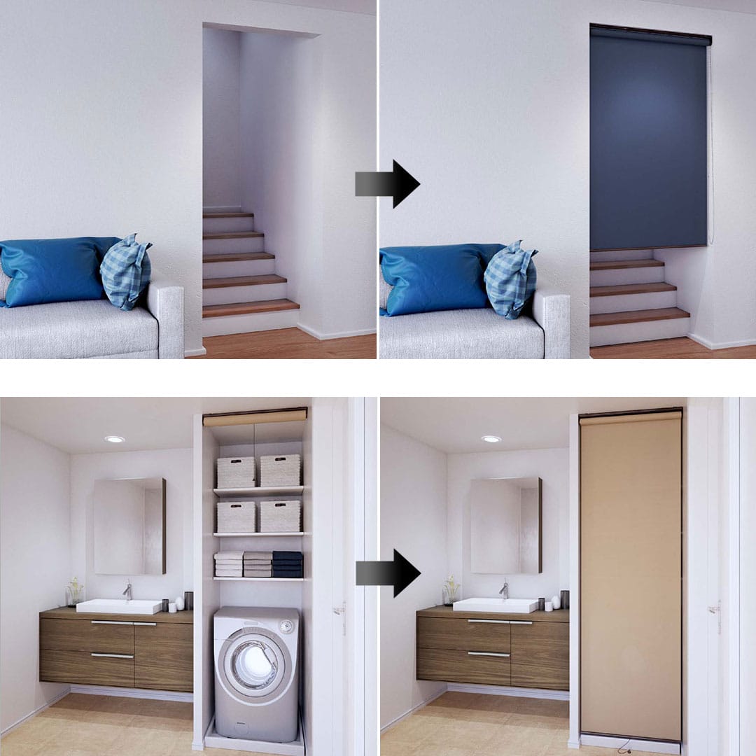 ロールスクリーンでリビングと階段の間仕切りの画像,洗面所のランドリースペースをロールスクリーンで目隠しした画像