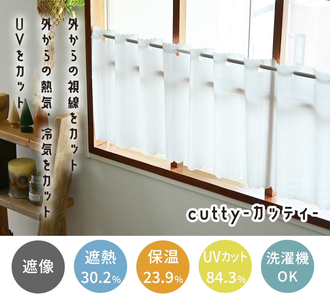 外からの視線をカット,外からの熱気冷気をカット,UVをカット,カフェカーテンカッティ