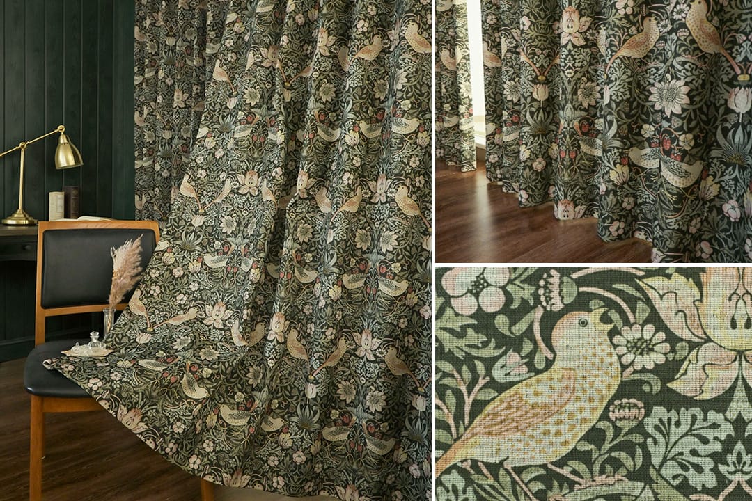 グリーンの遮熱・保温カーテン 英国クラシック鳥柄デザイン