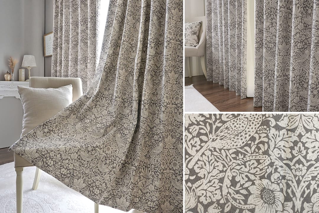 グレーの鳥柄ボタニカルカーテン 英国テイストデザイン