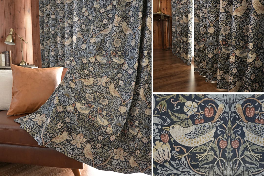 ネイビーの完全遮光カーテン 英国風鳥柄ボタニカルデザイン