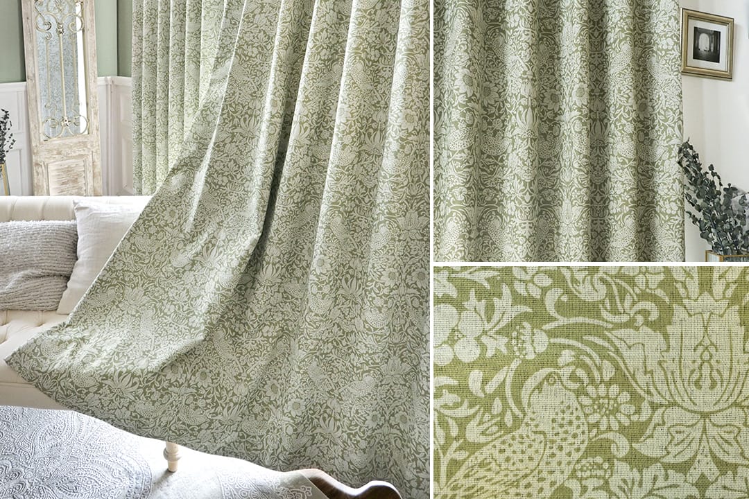 オリーブグリーンの防音・遮光カーテン 英国クラシック鳥柄