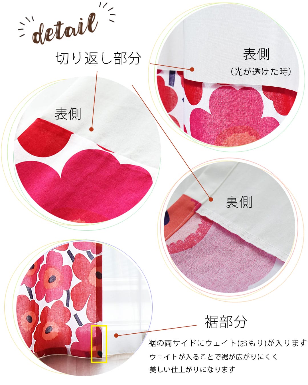 切り替え部分や裾の詳細画像