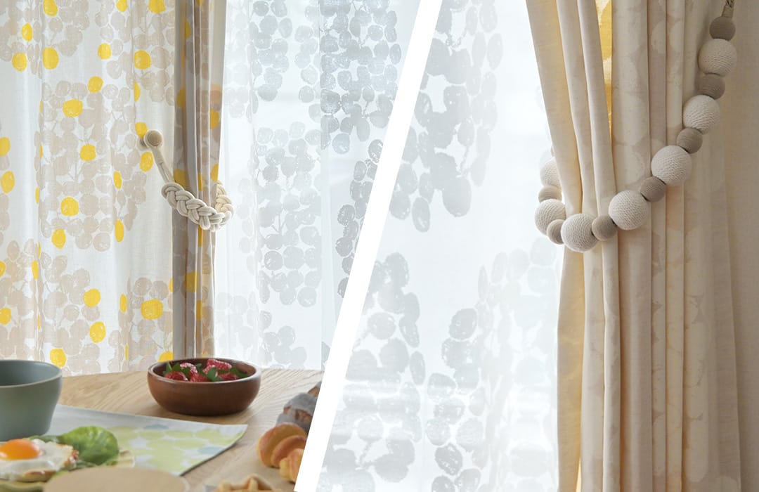 左がフロートサンドとレースフロート、マグネットタッセルアミネのコーディネート画像,右がフロートアイボリーとレースフロート、タッセルリリーのコーディネート画像