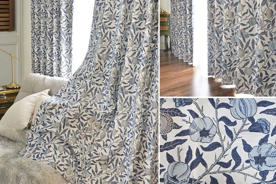 重厚感ある英国クラシック柄の防音遮光カーテン ブルー
