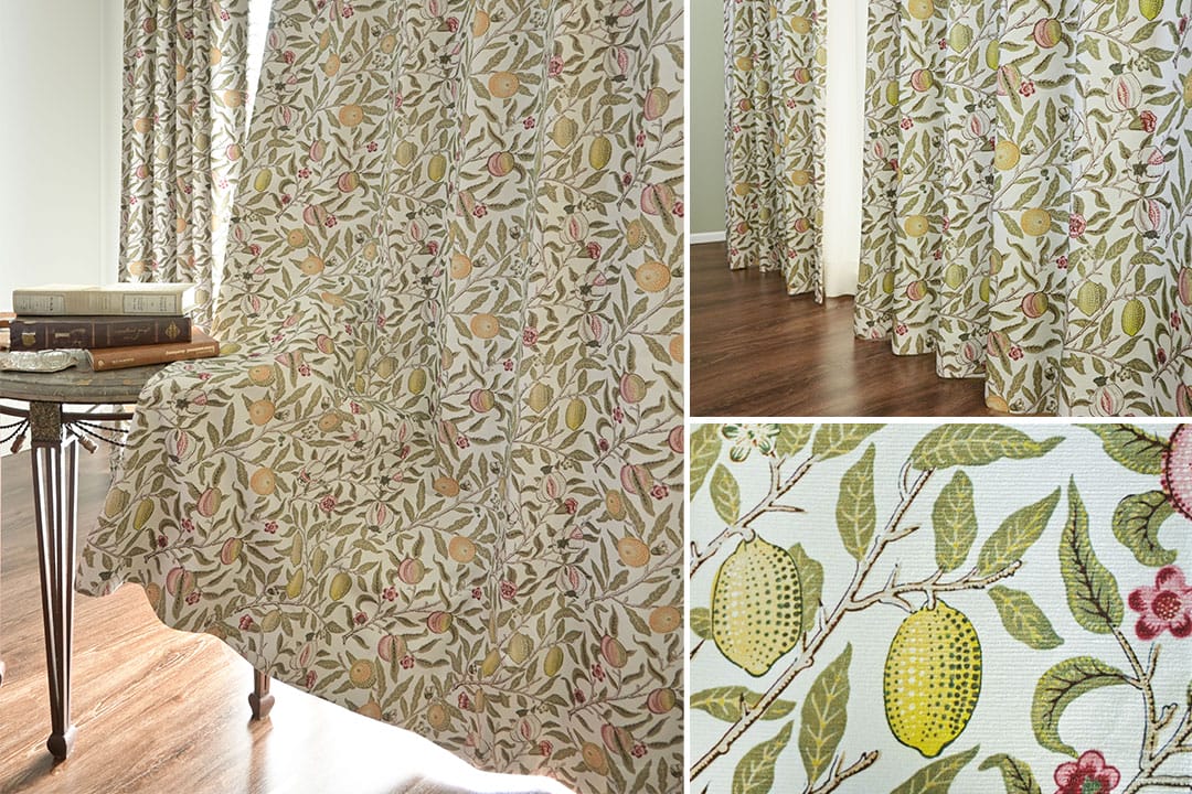 レモンとザクロ柄のブリティッシュデザイン遮光カーテン リーフグリーン