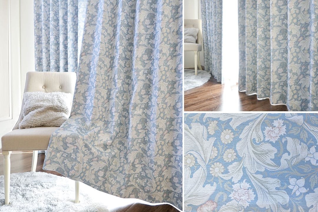 ブリティッシュデザインのボタニカル柄カーテン ブルー