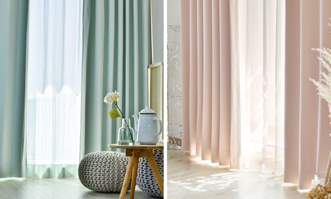 1級遮光 ミルキー ミントグリーン ピーチ カラーレース コーディネート