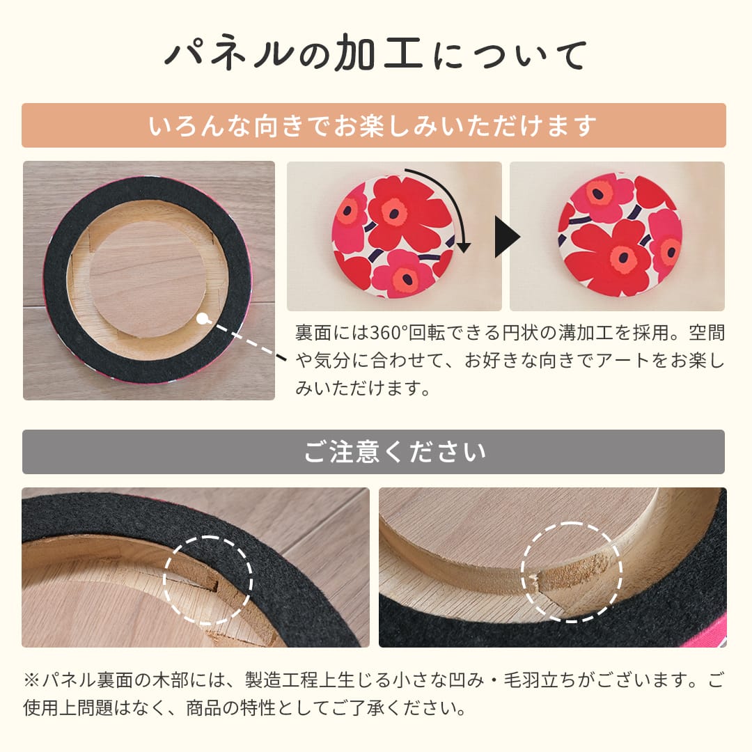 円形ファブリックパネル 加工仕様と裏面イメージ