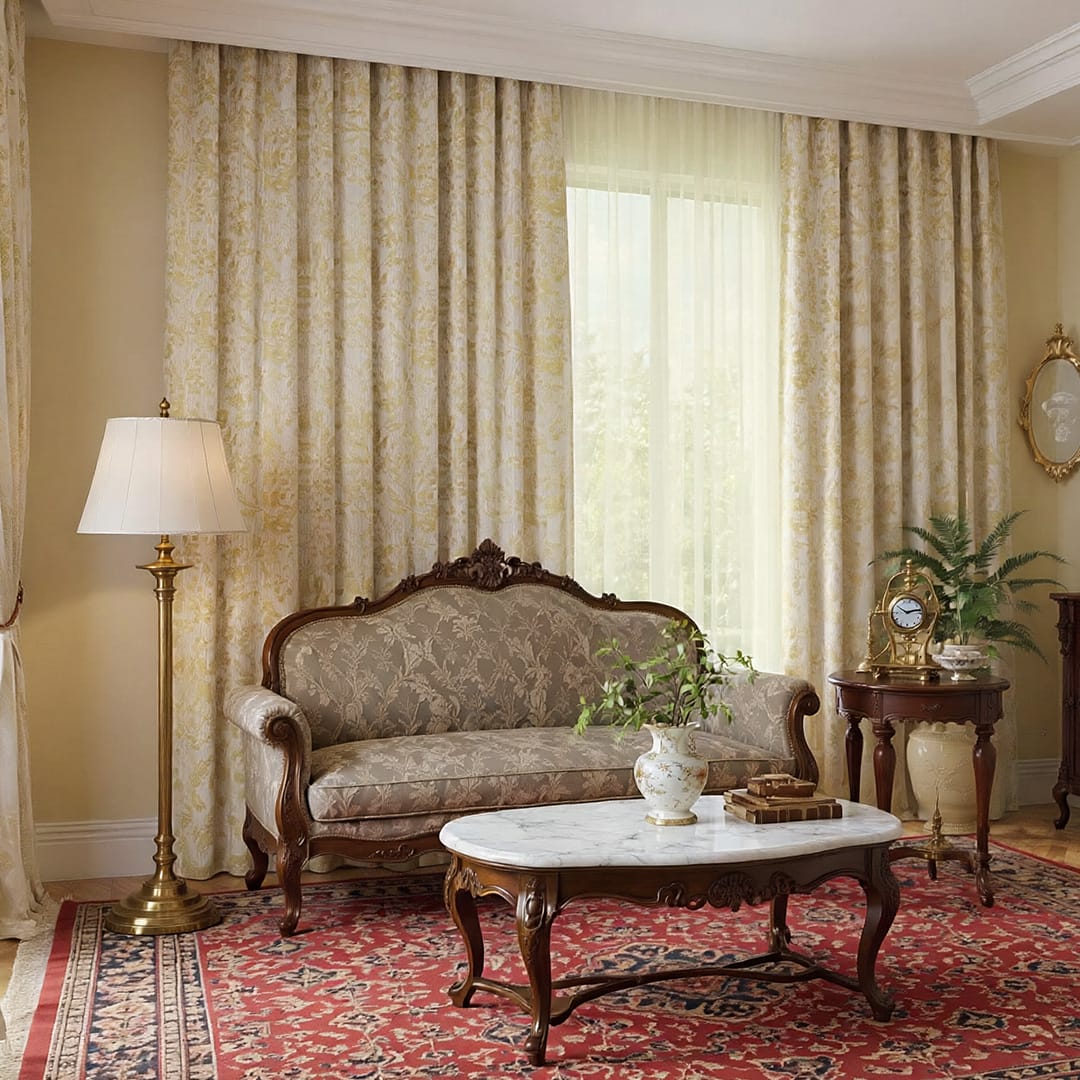 高級感のあるジャガードカーテンの応接室コーディネート
