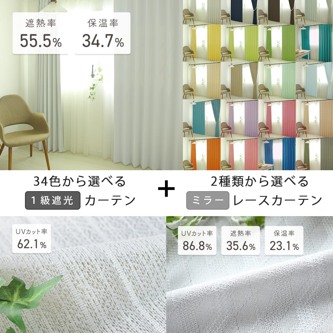 お得なカーテンレースセット「1級遮光・防炎オールワン+選べるUV