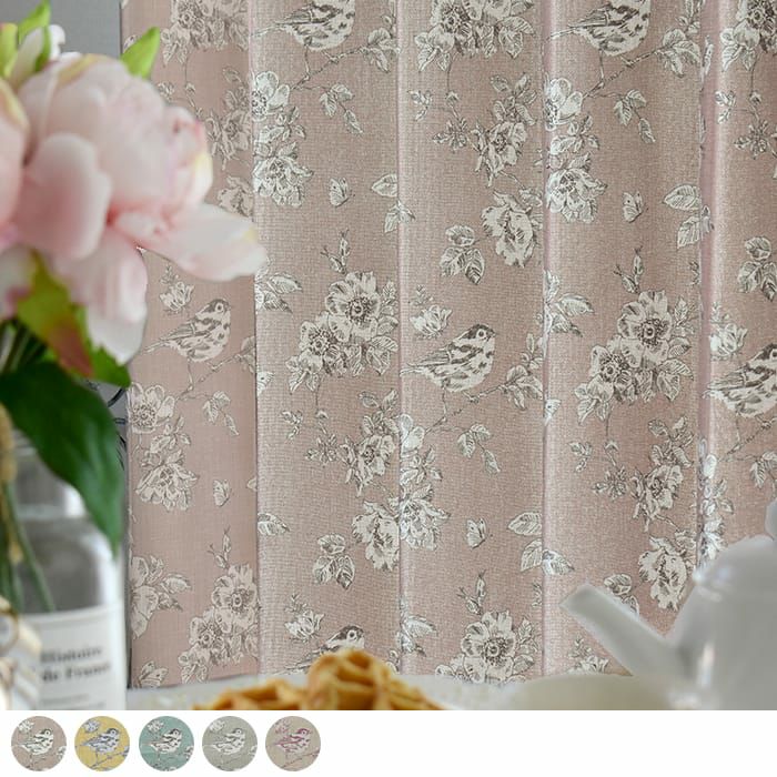 小鳥とバラが描かれたシャビーシックカーテン | カーテン通販専門店