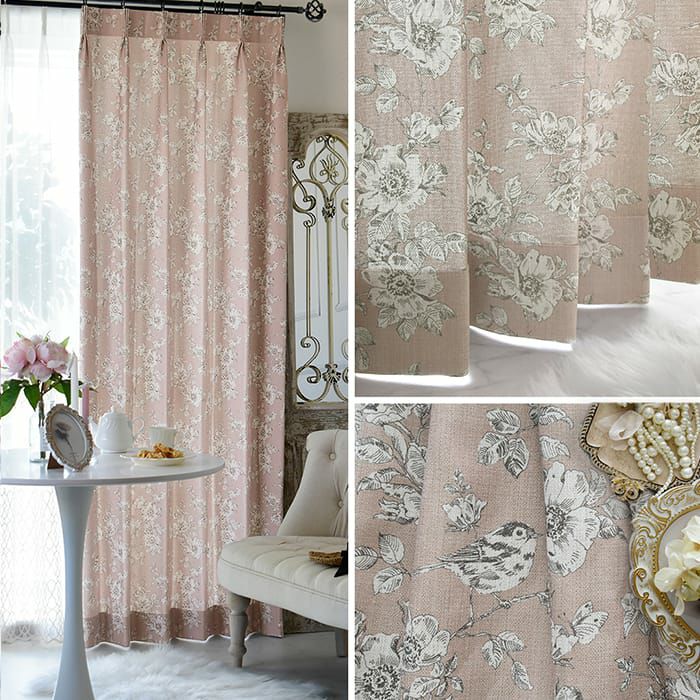 小鳥とバラが描かれたシャビーシックカーテン | カーテン通販専門店