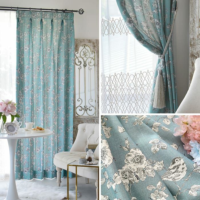 小鳥とバラが描かれたシャビーシックカーテン | カーテン通販専門店