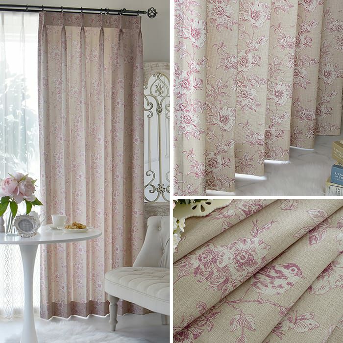 小鳥とバラが描かれたシャビーシックカーテン | カーテン通販専門店