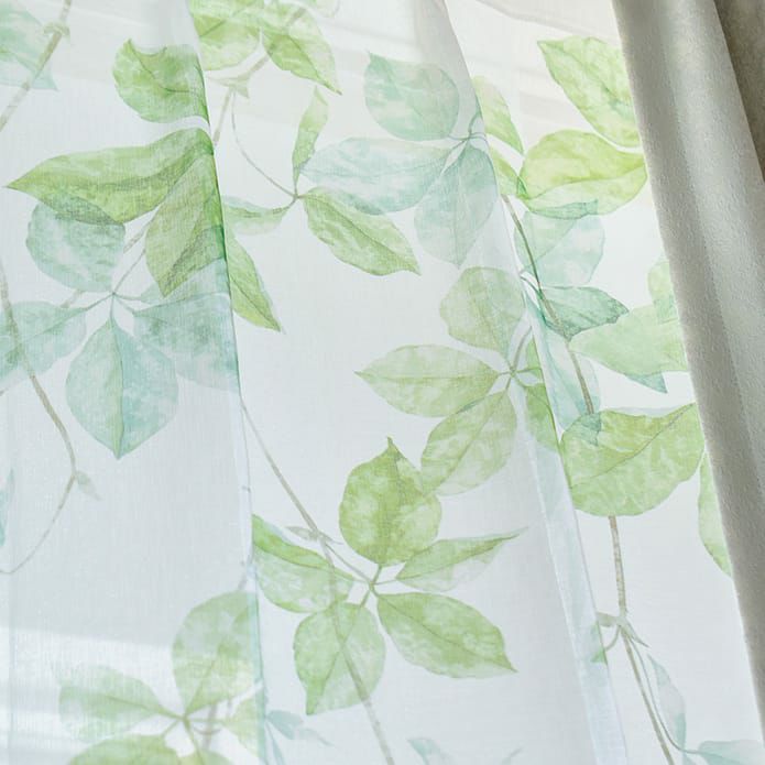 涼しげな水彩風のリーフ柄がおしゃれ！絵羽柄ボイルレースカーテン
